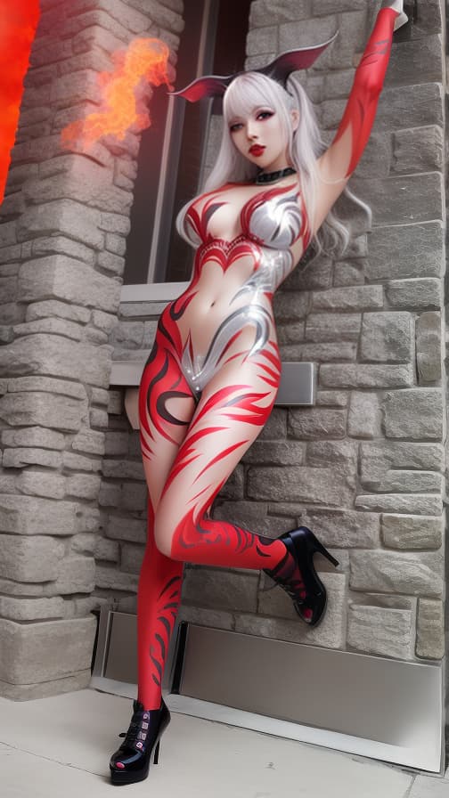  Full body red flame pattern body paint, Silver body paint on the whole body, Silver face paint on the face, succubus 女性