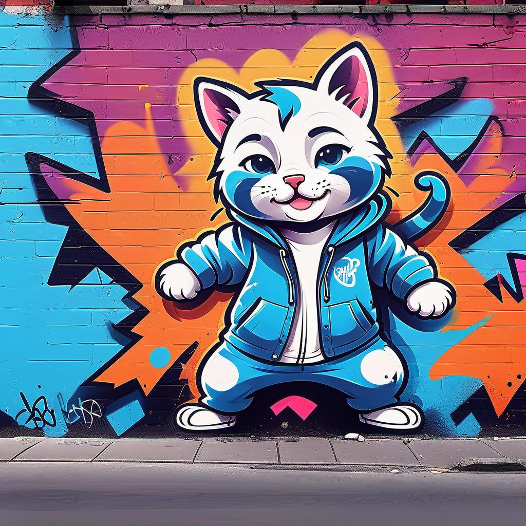  graffiti style sketches of a kitten in a jumpsuit, dynamic poses, a cheerful bully, without a background, flat cartoon style . street art, vibrant, urban, detailed, tag, mural, logo