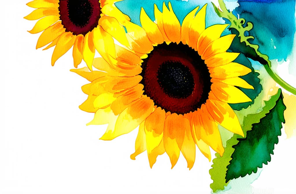  artwork sunflowers close up, plain background, space for text on the left ar 3:2, watercolor techniques, featuring fluid colors, subtle gradients, transparency associated with watercolor art