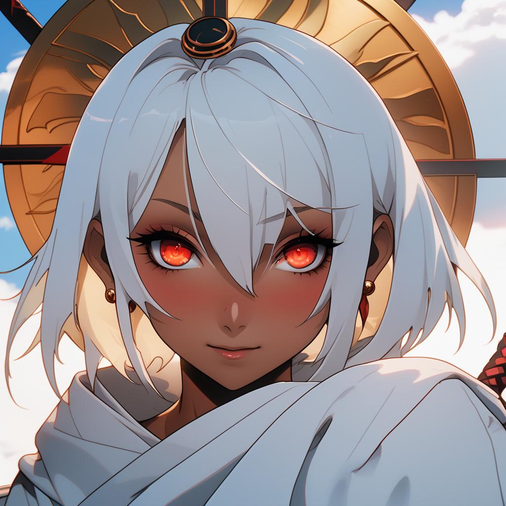  nijiex style,illustration of anime style, white haired white female with red eyes. gold cross on her forehead