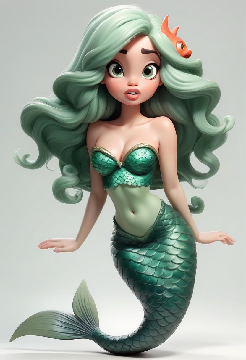  a full length little mermaid. nice face, plump cheeks, plump lips, big eyes, green hair. fish tail. waves his hand. white background.