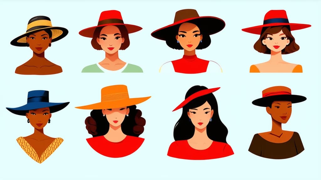  flat illustration, flaticon, (illustration:1.15), different beauty. set of different female heads in hats. different races and nationalities. colored hand drawn illustration ar 16:9, [cory loftis, strobist, pascal campion :: 0.2]