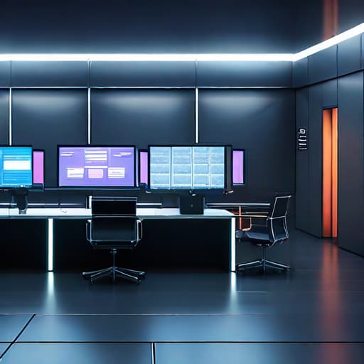  a sleek, modern security office (office:1.3) filled with advanced technology and monitors displaying data streams, set in a contemporary urban environment (urban:1.2), illustrated in a high resolution digital art style (digital:1.4), featuring a cool color palette with blue and gray tones, ambient lighting that conveys a sense of vigilance, highly detailed, negative prompt: clutter, outdated technology, bright colors hyperrealistic, full body, detailed clothing, highly detailed, cinematic lighting, stunningly beautiful, intricate, sharp focus, f/1. 8, 85mm, (centered image composition), (professionally color graded), ((bright soft diffused light)), volumetric fog, trending on instagram, trending on tumblr, HDR 4K, 8K