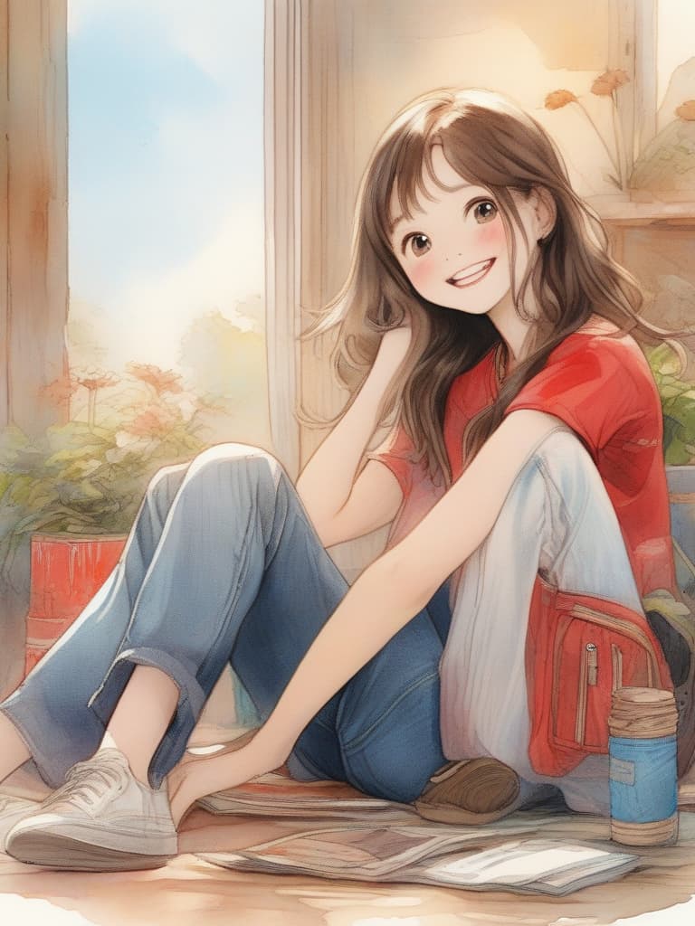  brown haired , smile, red t shirt, denim shorts, sitting , masterpiece, best quality,8k,ultra detailed,high resolution,an extremely delicate and beautiful,hyper detail