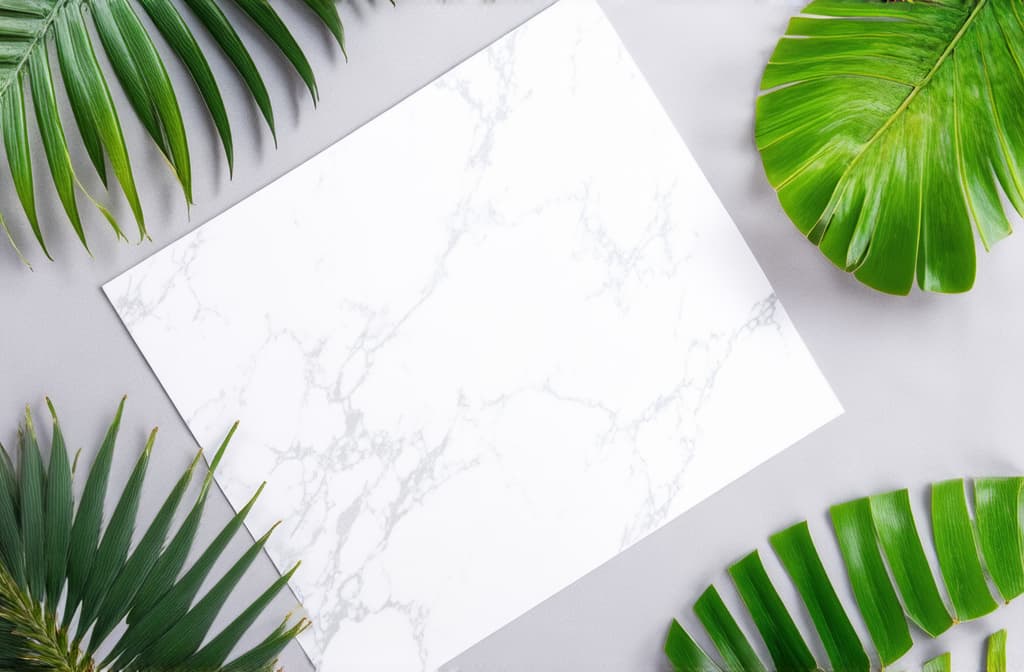  summer composition. tropical palm leaves, marbled paper blank on pastel grey background. summer concept. flat lay, top view, copy space ar 3:2 {prompt}, maximum details