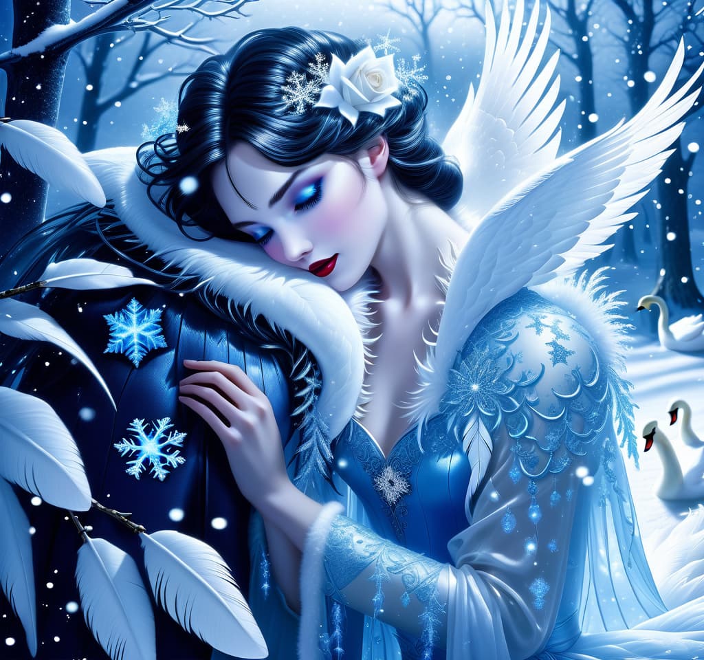  dreamscape thy name is (kiss the snow1,2) . ((key, (ice, blue1,6 sip)) ((blue eyed)) i've been jinxed ((snow singer1,8) . ((snow swan)) ((the snow swan)) feathers at my feet.( feathers flutter and slowly sink into the snow). (snow white swan): the head and body are creamy white with a silvery tint. wings of white blue colour from snowflakes (roses): light blue colour with leaves from ice crystals. background:soft blue with delicate patterns of falling snow and curls of blizzards, ice patterns on water.(style):fantasy, romantic art, silver age poetry, 19th century, dedication. . surreal, ethereal, dreamy, mysterious, fantasy, highly detailed, civitai, hkmagic