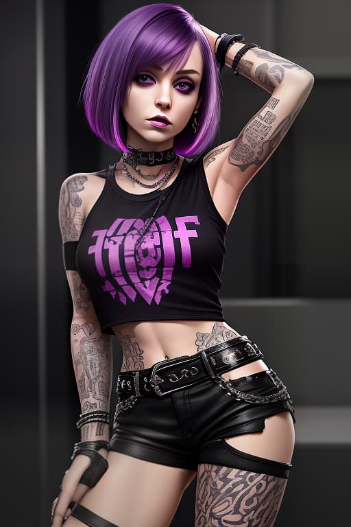  girl with purple hair, cascading bob haircut, black and pink top, tattoos on her arms. bracelets, black shorts, black boots, metal rocker chick in agent clothes