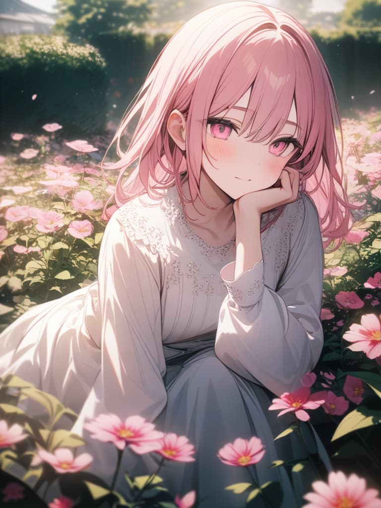  has pink cosmos, pink eyes, pink hair, , cute, , sitting in the flower garden,, masterpiece, best quality,8k,ultra detailed,high resolution,an extremely delicate and beautiful,hyper detail