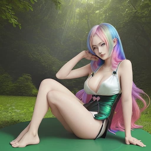  a 28age lady so sexy her hair rainbow color and she sitting in the circle it was covered by green leaves