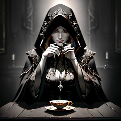  tea, madame, death with cosy, black hood, face hidden behind the hood, hands of bones, tea at the table, (dark shot:1.17), epic realistic, faded, ((neutral colors)), art, (hdr:1.5), (muted colors:1.2), hyperdetailed, (artstation:1.5), cinematic, warm lights, dramatic light, (intricate details:1.1), complex background, (rutkowski:0.8), (teal and orange:0.4), details, ((intricate details)), hdr, ((intricate details, hyperdetailed)) hyperrealistic, full body, detailed clothing, highly detailed, cinematic lighting, stunningly beautiful, intricate, sharp focus, f/1. 8, 85mm, (centered image composition), (professionally color graded), ((bright soft diffused light)), volumetric fog, trending on instagram, trending on tumblr, HDR 4K, 8K