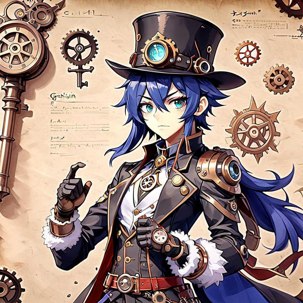  anime artwork genshin impact, main character, steampunk, very high details. by vampire hunter d . anime style, key visual, vibrant, studio anime, highly detailed, on parchment