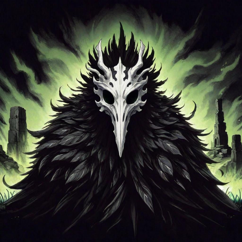  manga artwork dark creature with an animal white bone mask with round eyes and black feathers, the background has stone ruins and green flames. rpg anime style . manga artist. manga, highly emotional. best quality, high resolution