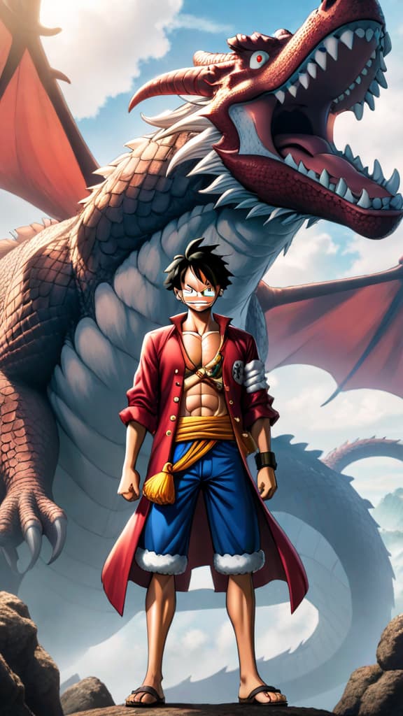  luffy and dragon from one piece standing united against the world government in anime art hyperrealistic, full body, detailed clothing, highly detailed, cinematic lighting, stunningly beautiful, intricate, sharp focus, f/1. 8, 85mm, (centered image composition), (professionally color graded), ((bright soft diffused light)), volumetric fog, trending on instagram, trending on tumblr, HDR 4K, 8K