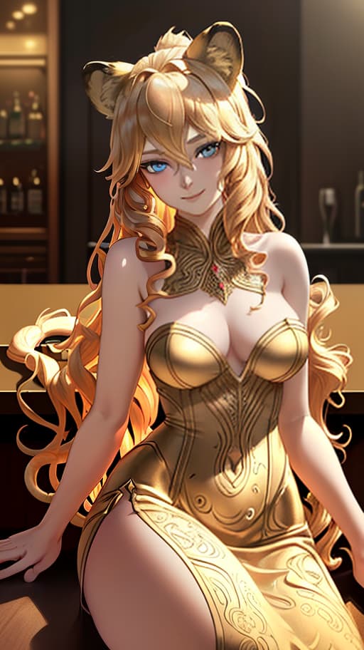  a girl with lion ears and tail, with golden curls and blue eyes, in a tight fitting dress with a beautiful figure, sitting at the bar with an aperolem, photorealistic, hyperrealistic, hyperdetailed, analog style, demure, detailed skin, pores, smirk, smiling eyes, matte skin, soft lighting, subsurface scattering, realistic, heavy shadow, masterpiece, best quality, ultra realistic, 8k, golden ratio, intricate, high detail, film photography, soft focus