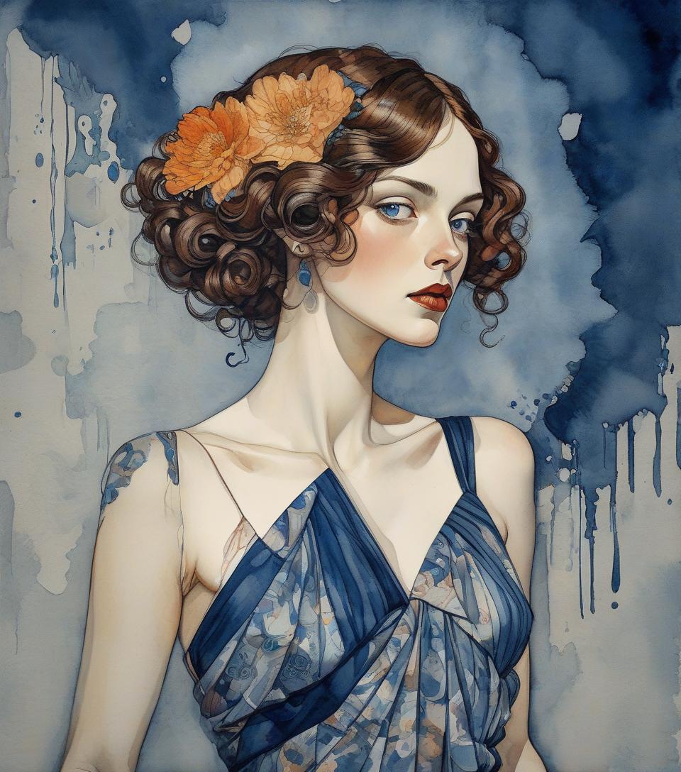  portrait of a beautiful sensual woman in elegant floreal dress in art deco by annigoni, egon schiele, milo manara, botticelli, catrin welz stein, jean metzinger, klimt, perfect eyes, perfect handsface, highly detailed, complementary colors, hyper detailed. watercolor and ink splatter, dynamic pose, dark blue background , watercolor, trending on artstation, sharp focus, studio photo, intricate details, highly detailed, by greg rutkowski, watercolor, trending on artstation, sharp focus, studio photo, intricate details, highly detailed, by greg rutkowski