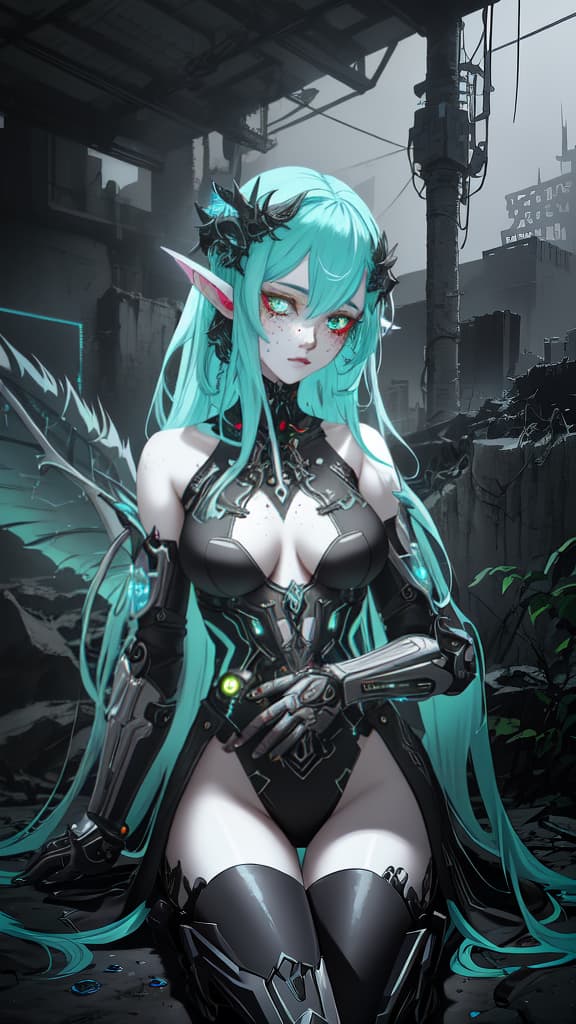  A grittily enchanting nymph, her delicate features a stark contrast to the urban decay surrounding her: dirt-smudged cheeks adorned with ethereal freckles, tangled neon hair cascading over graffiti-covered walls. The digital painting showcases a mix of cyberpunk and fantasy elements, blending the organic with the mechanical in a mesmerizing way. Each pixel is expertly crafted, capturing the essence of a mystical being amidst a dystopian setting. 2d hyperrealistic, full body, detailed clothing, highly detailed, cinematic lighting, stunningly beautiful, intricate, sharp focus, f/1. 8, 85mm, (centered image composition), (professionally color graded), ((bright soft diffused light)), volumetric fog, trending on instagram, trending on tumblr, HDR 4K, 8K