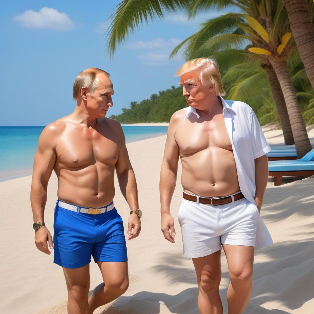  Putin and Trump on vacation by the sea, on sun beds , in shirts and shorts , a mug of beer in hand , sand , crabs , palm trees , very beautiful nature, high detail, quality 50000K