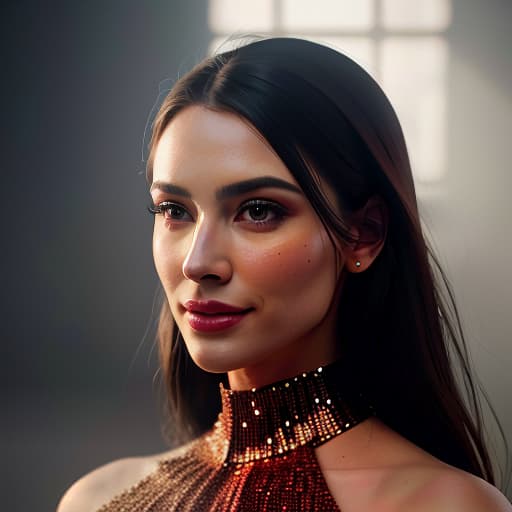  A beautiful girl in a bright red sparkling dress with sequins., Photorealistic, Hyperrealistic, Hyperdetailed, analog style, demure, detailed skin, pores, smirk, smiling eyes, matte skin, soft lighting, subsurface scattering, realistic, heavy shadow, masterpiece, best quality, ultra realistic, 8k, golden ratio, Intricate, High Detail, film photography, soft focus hyperrealistic, full body, detailed clothing, highly detailed, cinematic lighting, stunningly beautiful, intricate, sharp focus, f/1. 8, 85mm, (centered image composition), (professionally color graded), ((bright soft diffused light)), volumetric fog, trending on instagram, trending on tumblr, HDR 4K, 8K