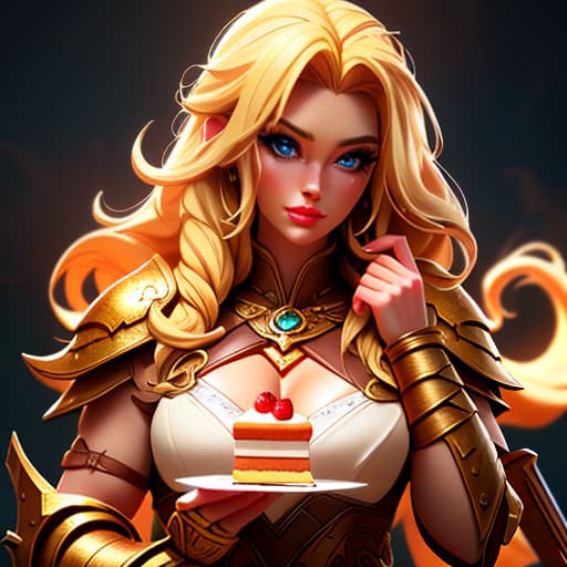  Fantasy, 3D illustration, big barbarian woman, eating cake, blond hair, blonde, tavern, hyperrealism, high detail hyperrealistic, full body, detailed clothing, highly detailed, cinematic lighting, stunningly beautiful, intricate, sharp focus, f/1. 8, 85mm, (centered image composition), (professionally color graded), ((bright soft diffused light)), volumetric fog, trending on instagram, trending on tumblr, HDR 4K, 8K