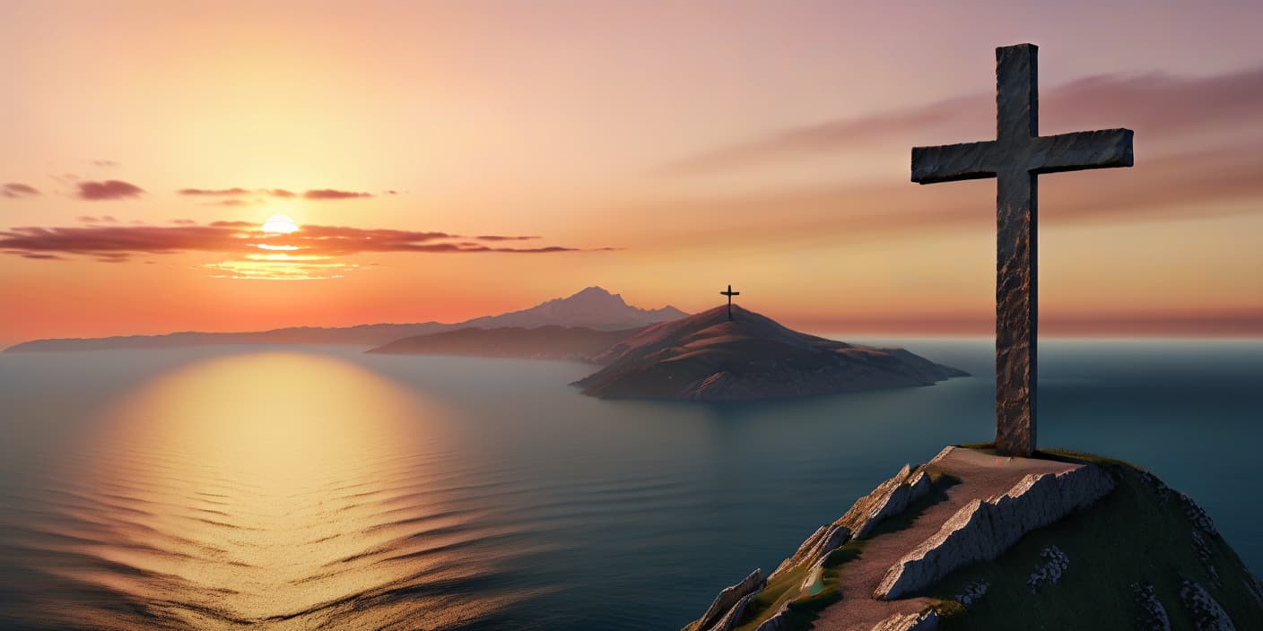  hyperrealistic art christian cross on the mountain with sunset and sea in the background . extremely high resolution details, photographic, realism pushed to extreme, fine texture, incredibly lifelike, film photography style