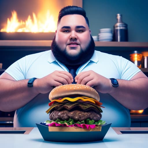  (fat man eating 100 burgers), photorealistic, highly detailed, 4k, high quality hyperrealistic, full body, detailed clothing, highly detailed, cinematic lighting, stunningly beautiful, intricate, sharp focus, f/1. 8, 85mm, (centered image composition), (professionally color graded), ((bright soft diffused light)), volumetric fog, trending on instagram, trending on tumblr, HDR 4K, 8K