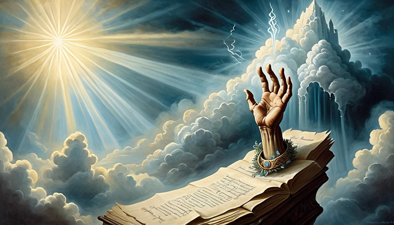  on parchment, surrealism+++, a divine hand reaching down from the clouds, rays of light emanating, symbolizing divine intervention, powerful, guiding, holy(mysterious, provocative, symbolic,muted color)+++