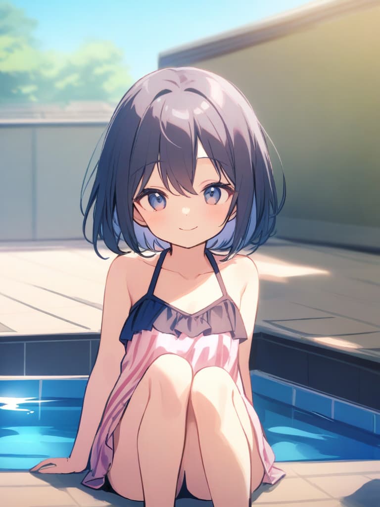  elementary students, s, transveses, short stages, old swimwear (dark blue old ), clear shape (), (), cute smile face, short hair, pool, pool,