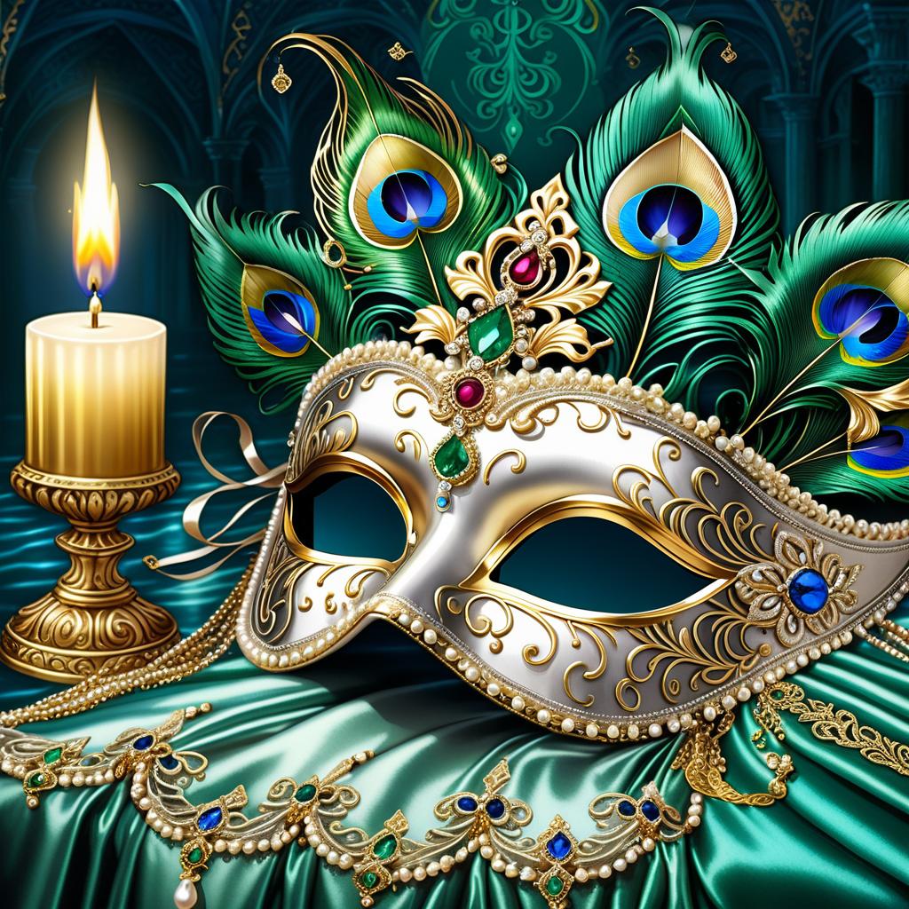  renaissance style (background):black silk cloak, topazes, rubies, emeralds, gold candlestick with white gold flame. ((the eye slits reflect the contours of the palaces and canals of venice1,9)). ((half mask columbine) a mask covering only part of the face. silver mask:with gold patterned ornamentation. colours:light green, blue, pearl cream, peacock feathers, gold and silver beads, gold leaf, gemstones, venetian lace, rhinestones, beads. (style):fantasy, renaissance, dream, mystery, mystery, dream, italy, venice, barcarolle, minestrel. . realistic, perspective, light and shadow, religious or mythological themes, highly detailed