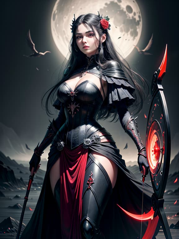  master piece, best quality, ultra detailed, highres, 4k.8k, beautiful woman, standing with grace, holding a scythe, mysterious yet elegant, break death and beauty., moonlit night, red dress, crescent moon, roses, misty fog, break enigmatic and haunting, subtle glow around the character, moonlight casting dramatic shadows,