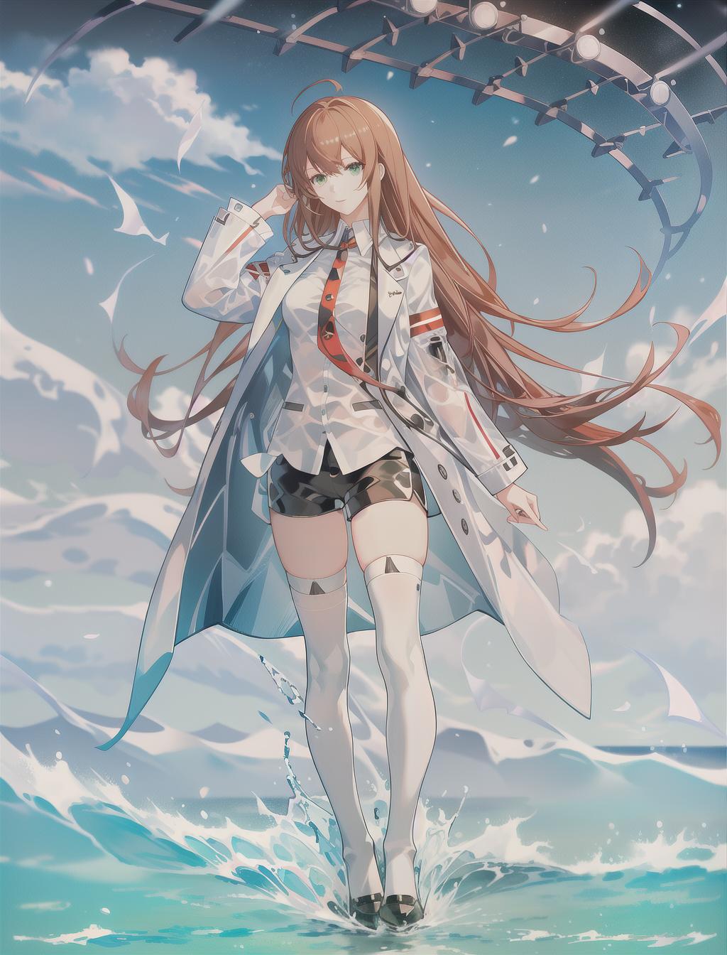  masterpiece, best quality, 1 girl, kurisu, steins gate, (white open lab coat), white shirt, (black shorts:1.2), (black thigh highs:1.2), long straight auburn hair, bangs, deep green eyes