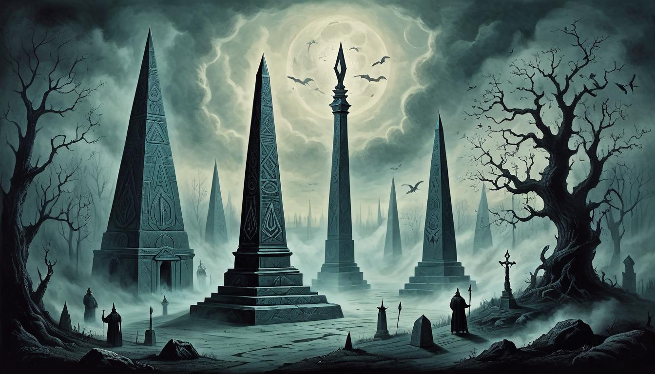  on parchment, surrealism+++, twisted obelisk, dark symbols engraved, surrounded by shadows, ethereal mist, sense of wrongful condemnation(mysterious, provocative, symbolic,muted color)+++