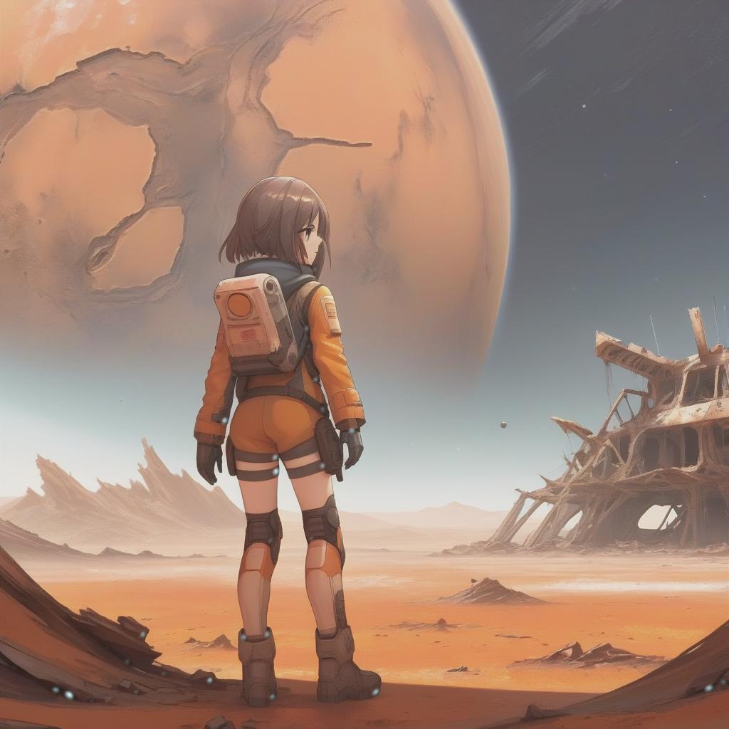  anime image of a girl standing on the orange surface of mars, in a post apocalyptic landscape with ruined buildings, space art, the ruins, after a battle