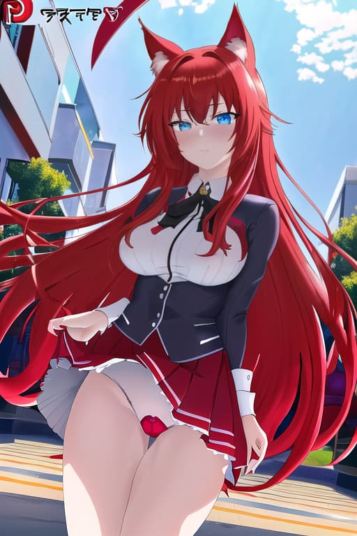  red hair light blue eyes women in a red bunny suit sitting on a red floaty balloon,masterpiece, best quality, 1women, long red hair, looking at viewer, :3, cute, black school uniform, outdoors, streets, cowboy shot, curvy, (((blue eyes))), rias gremory, red hair, antenna hair, wavy hair, ((beautiful detailed eyes, beautiful detailed glow, lots of glow)), anime screencap,cat women, nekopara, neko, fantastically detailed reflecting eyes, masterpiece, best quality, high quality, solo