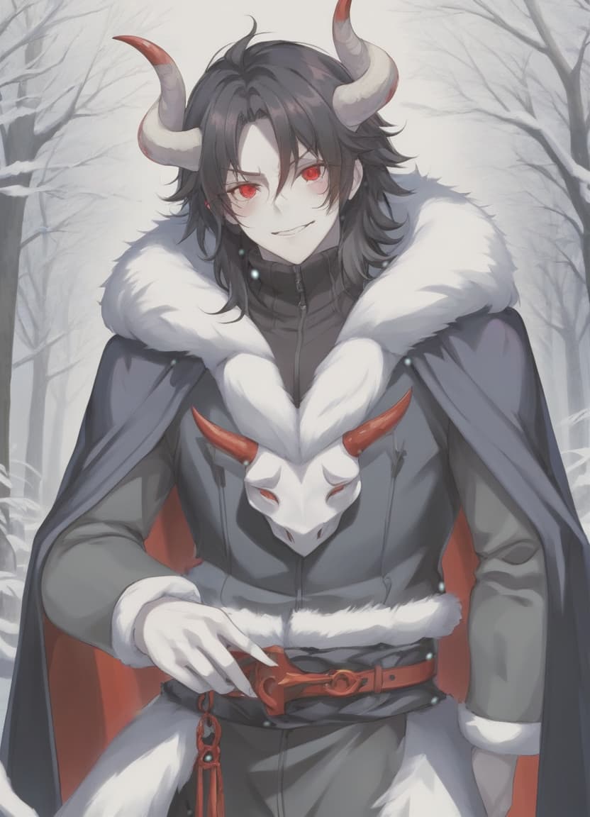  anime artwork man demon, red horns, red eyes, black long hair, winter clothes . anime style, key visual, vibrant, studio anime, highly detailed