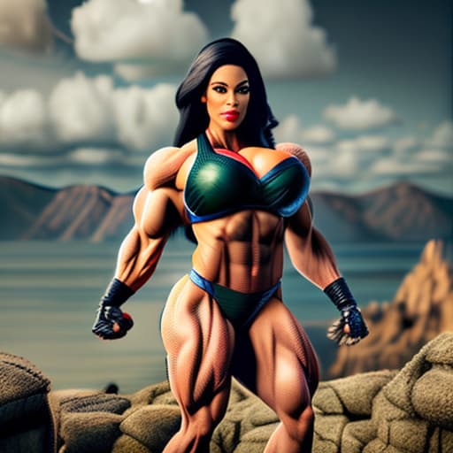 wa-vy style Generate the biggest muscle woman hyperrealistic, full body, detailed clothing, highly detailed, cinematic lighting, stunningly beautiful, intricate, sharp focus, f/1. 8, 85mm, (centered image composition), (professionally color graded), ((bright soft diffused light)), volumetric fog, trending on instagram, trending on tumblr, HDR 4K, 8K