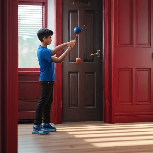  A boy between 8 and 12 years is practicing with a red-hanging leather Cricket ball, cricket ball hanging in the center of the room's door frame which is open. The boy is standing inside the room. He is shooting a ball with a wooden MRF cricket bat in his hand. The Ball color is red The color of the rope is blue. Indian Environment hyperrealistic, full body, detailed clothing, highly detailed, cinematic lighting, stunningly beautiful, intricate, sharp focus, f/1. 8, 85mm, (centered image composition), (professionally color graded), ((bright soft diffused light)), volumetric fog, trending on instagram, trending on tumblr, HDR 4K, 8K