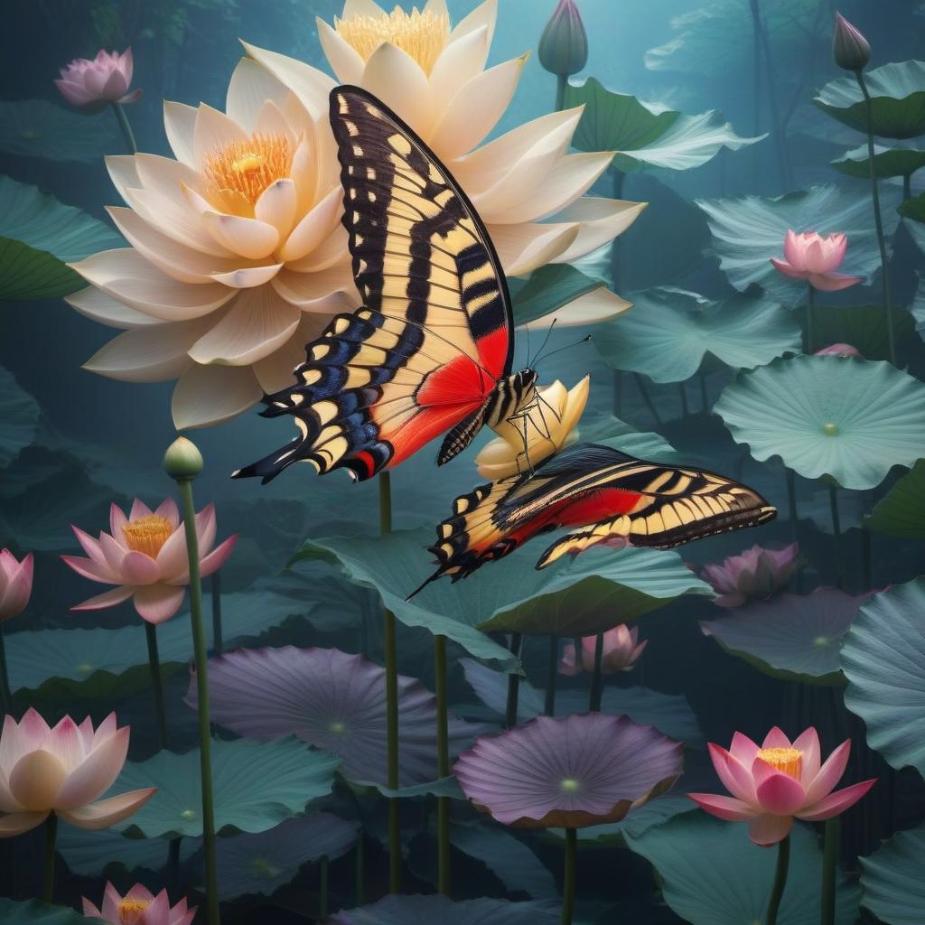  Beautiful swallowtail butterfly on lotuses hyperrealistic, full body, detailed clothing, highly detailed, cinematic lighting, stunningly beautiful, intricate, sharp focus, f/1. 8, 85mm, (centered image composition), (professionally color graded), ((bright soft diffused light)), volumetric fog, trending on instagram, trending on tumblr, HDR 4K, 8K