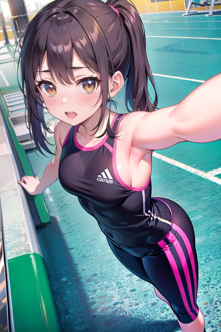  selfie at a gym, workout outfit, energetic pose
