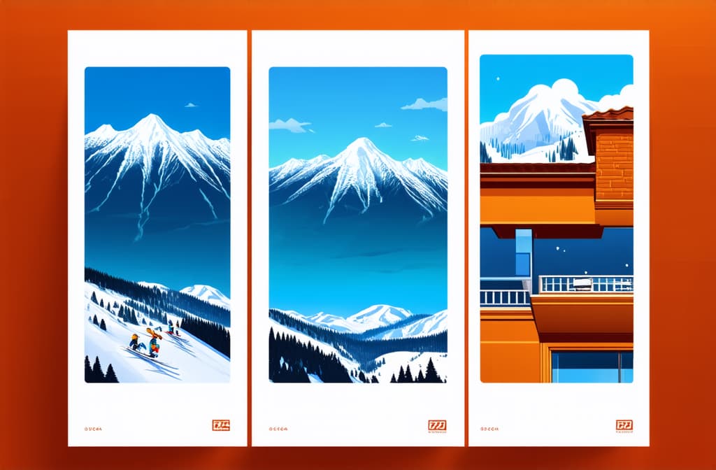  professional detailed photography, ski resort landscape posters set. snowy peaks of mountains. ski elevators. winter sport travel adventure and holidays concept. flat cartoon minimalism vector illustration ar 3:2, (muted colors, dim colors, soothing tones), (vsco:0.3)