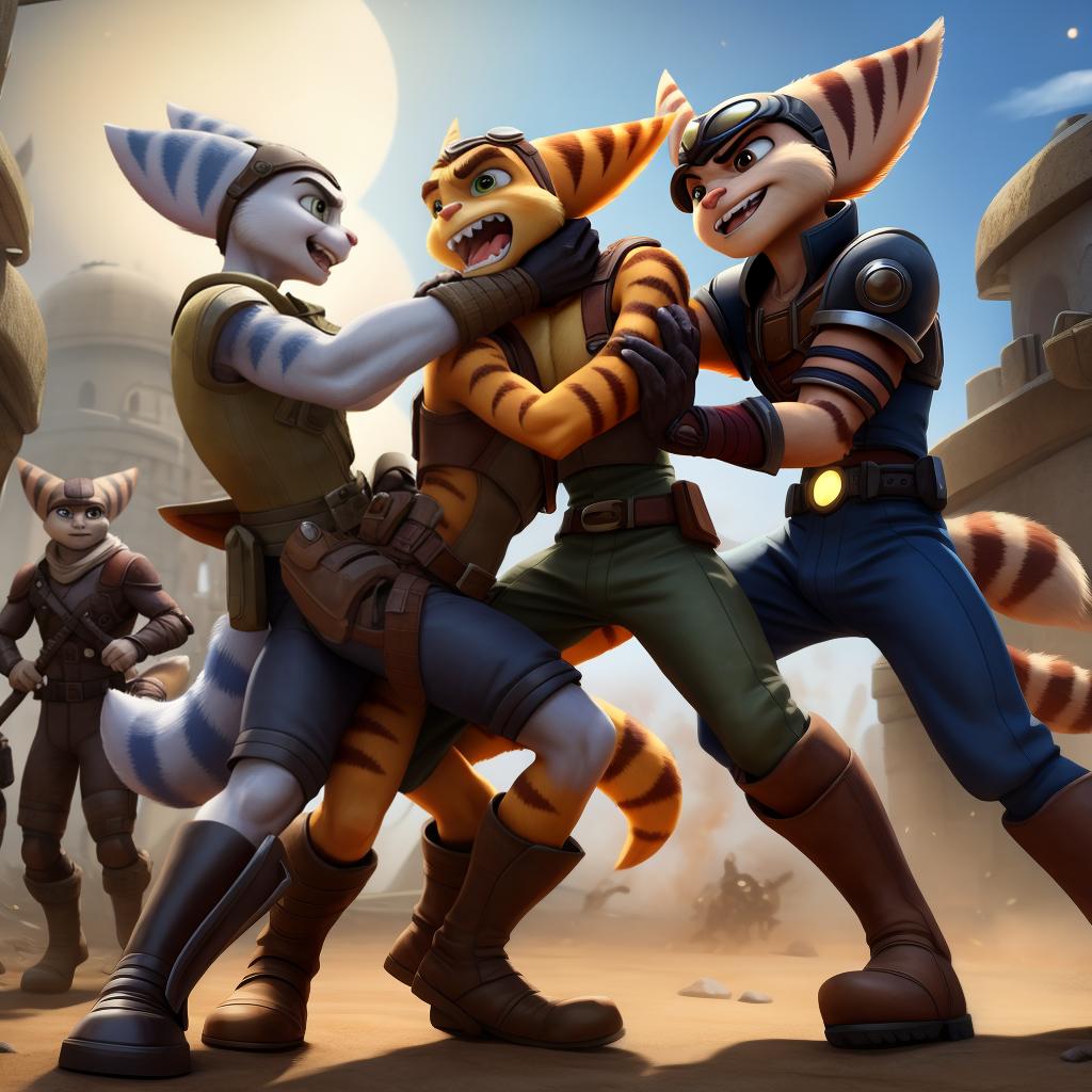  Male ratchet and clank (insomniac) full body, group, clothes, gloves and boots, attack, combat, war, gay, evil, fighting, hand to hand combat, punching, retraining, 4 vs 1, grabbed, neck grab, ganged up upon, hand squeezes crotch, attacking victim, open eyes, digital art, masterpiece, 4k, fine details,