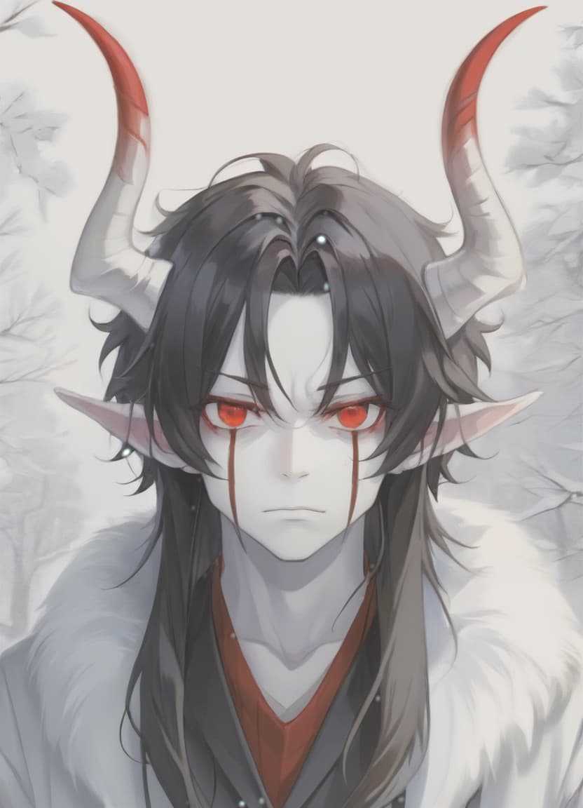  man demon, red horns, red eyes, black long hair, winter clothes