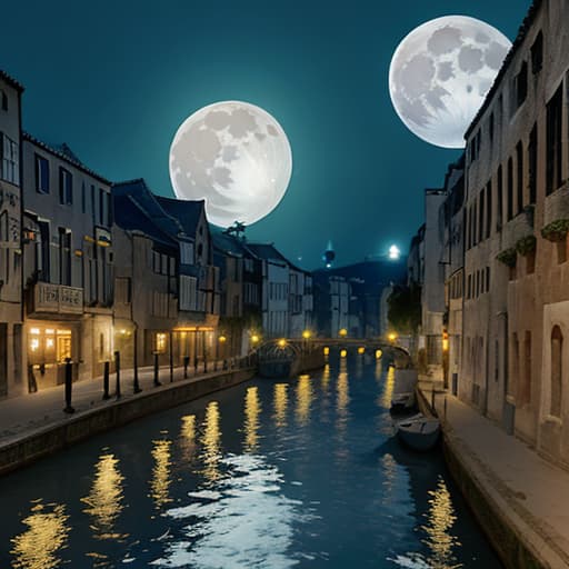  A bright moon hangs high above the ancient canal, with city lights on both sides. Wide angle, photography ，