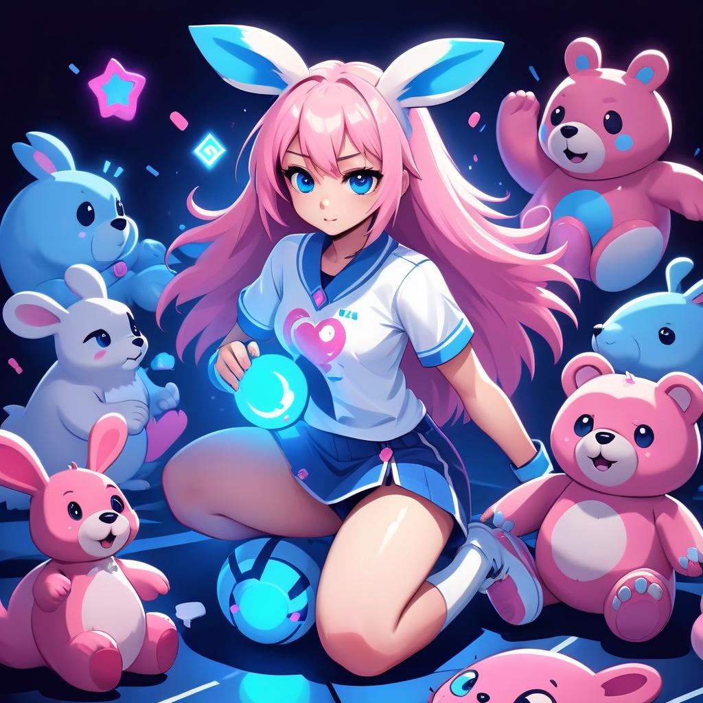  fighting game style a very beautiful girl in a white shirt plays soft toys on the floor, she holds a large bear in her hands, toys lie on the floor a bunny, a squirrel, a bear, a kitten, a dog, a mouse. neon patterns on the girl, on toys, lighting pink, girl's hair blue glowing, eyes blue, cartoons, animation. . dynamic, vibrant, action packed, detailed character design, reminiscent of fighting video games, logo