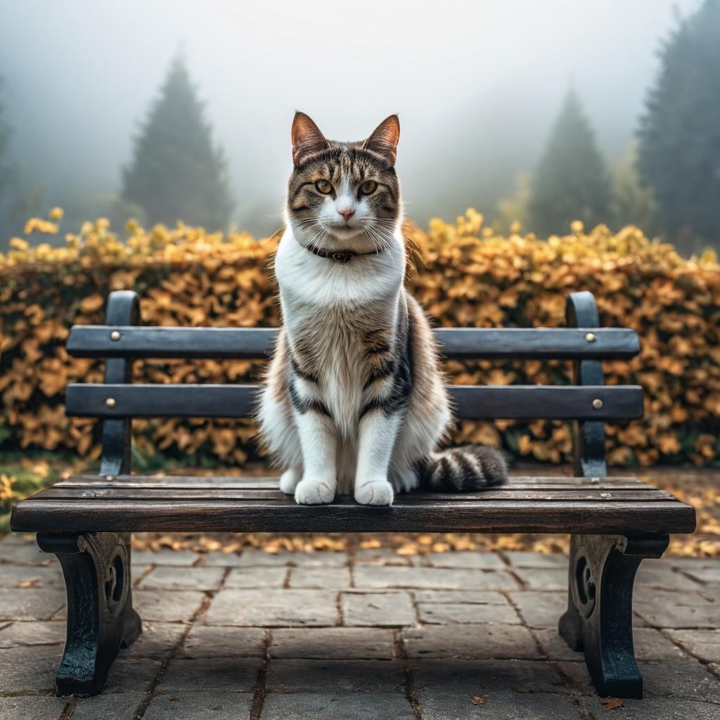  a cat sitting on a bench hyperrealistic, full body, detailed clothing, highly detailed, cinematic lighting, stunningly beautiful, intricate, sharp focus, f/1. 8, 85mm, (centered image composition), (professionally color graded), ((bright soft diffused light)), volumetric fog, trending on instagram, trending on tumblr, HDR 4K, 8K