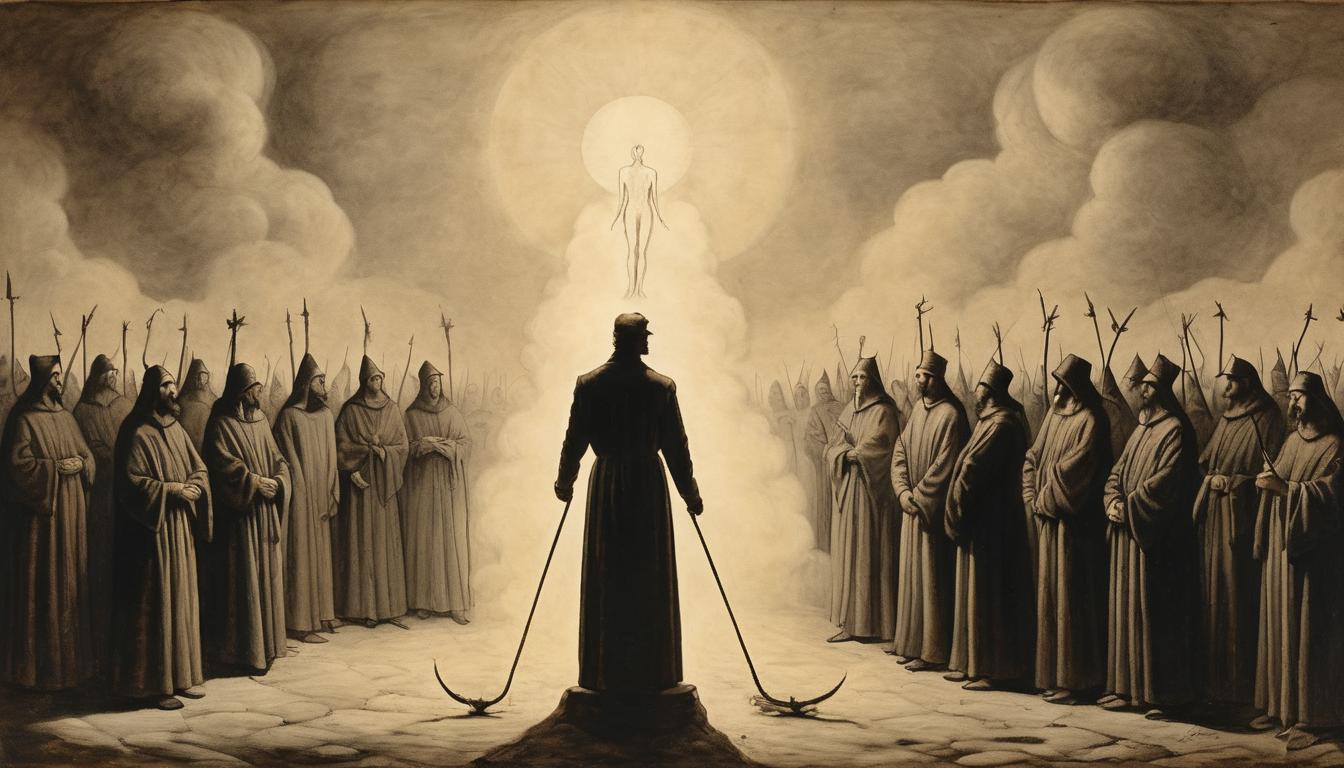  on parchment, surrealism++, mystical figure with a staff, standing before a crowd of shadowy onlookers, aura of revelation and transformation, light emanating from the staff, newfound recognition from the crowd(mysterious, provocative, symbolic)++