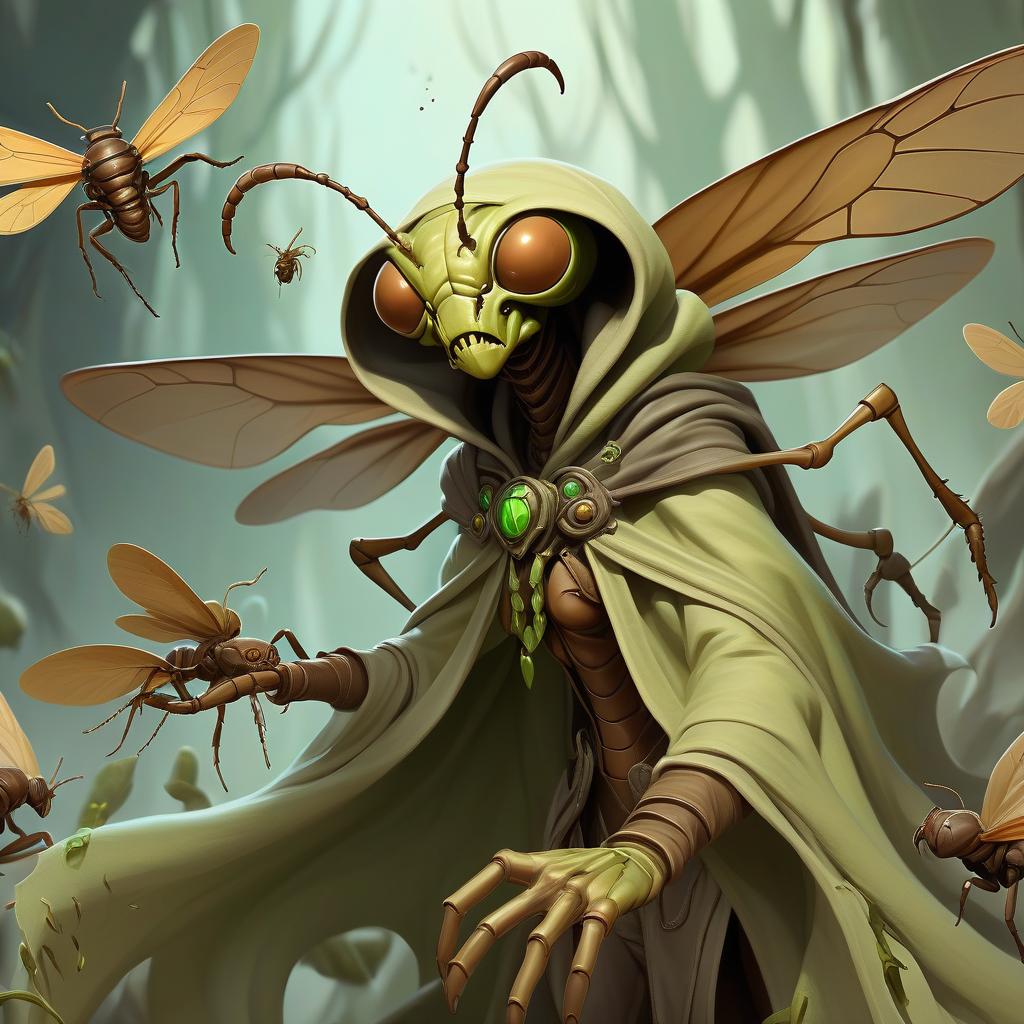  ethereal fantasy concept art of thri kreen brown insectoid monstrous humanoid race with mantis head ranger, wearing travelers rags and cloak, has four hands, swarm of bugs flying around, hive background, wasps and beetles . magnificent, celestial, ethereal, painterly, epic, majestic, magical, fantasy art, cover art, dreamy