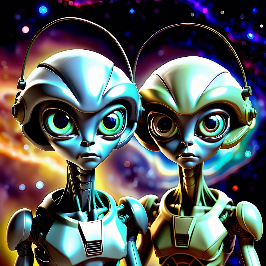  two alien robot aliens in wires with big eyes in close up helmets, in outer space against the background of bright galaxies, stars and comets