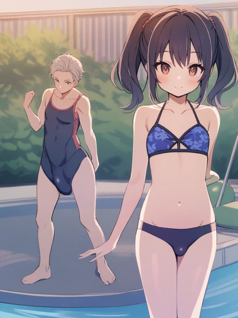  women's elementary students (male), twin tails, cute smiles, (rich s), low stature, dark blue swimwear, old swimwear, , simple (upward), male , (bulge), shaped clear , front , whole body, pool side,