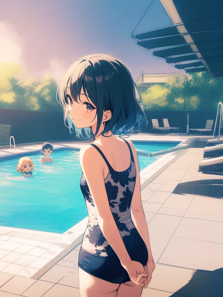  s, s, transveses, short stages, old swimwear (dark blue old ), clear (), (in swimwear), cute smile face, short hair, pool, pool,