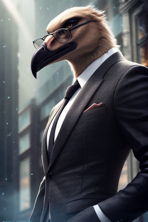  Vulture wearing glasses and wearing a suit hyperrealistic, full body, detailed clothing, highly detailed, cinematic lighting, stunningly beautiful, intricate, sharp focus, f/1. 8, 85mm, (centered image composition), (professionally color graded), ((bright soft diffused light)), volumetric fog, trending on instagram, trending on tumblr, HDR 4K, 8K